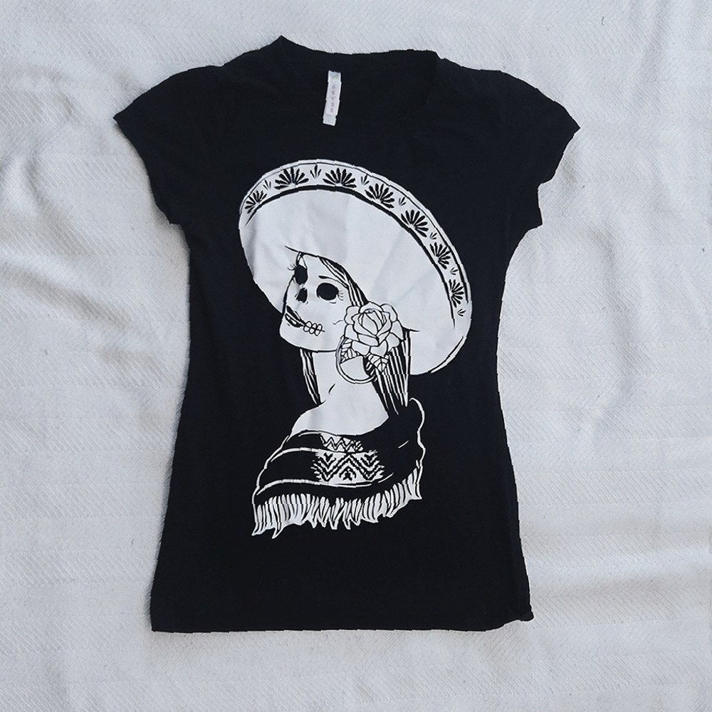 Eve Black Tee with Artistic Day Of The Dead Design